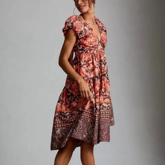 Anthropologie Dresses & Skirts - Anthropologie Red Multi Motif Printed V-Neck Babydoll Dress 8